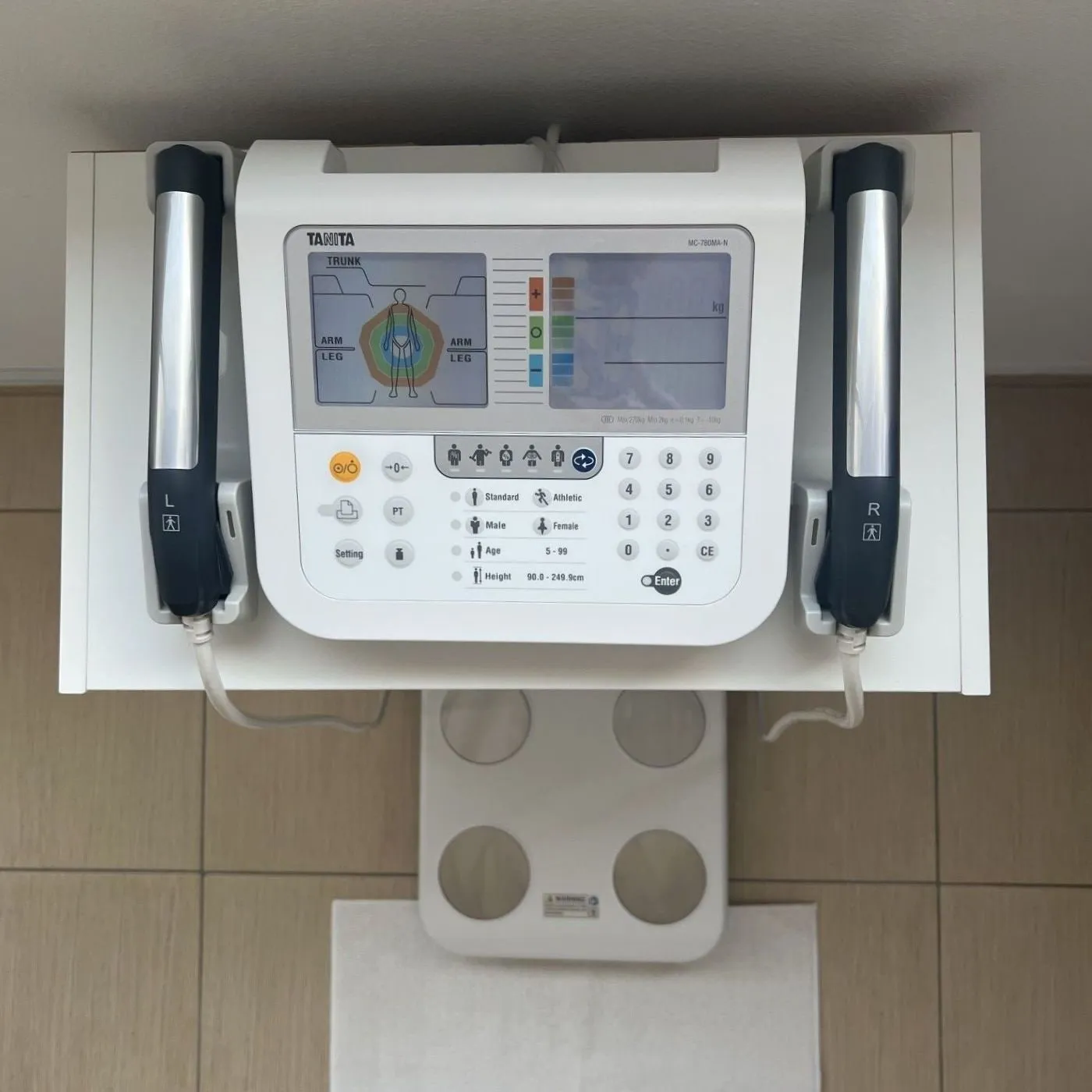 The analyzer's screen and two hand grips, with the foot platform below