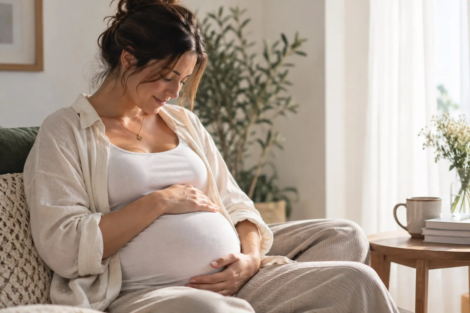 Pregnant woman sitting on a sofa, resting her hands on her bump
